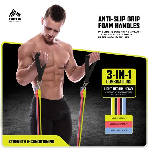 RBX 6 Piece Home Gym Resistance Kit - Light, Medium, Heavy Resistance Bands, Grip Handles, Door Anchor, Ankle Strap & Carry Bag (Pink)