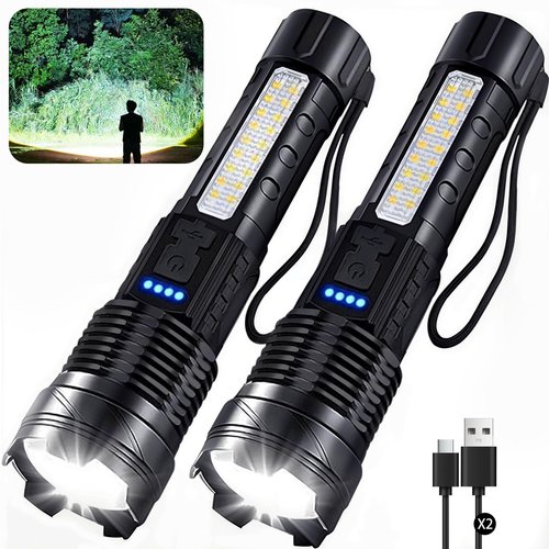 Rechargeable Flashlights High Lumens, 7Mode LED Flashlight Rechargeable, Super Bright Flashlight Battery Powered, Adjustable Flash Light, Tactical Flashlights for Home Emergencies Camping, 2 Pack