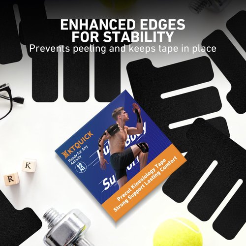 Kinesiology Tape for Shoulder, Upgraded 12PCS Precut Shoulder Tape for Pain Relief&Muscle Support, KTQUICK 5% Stronger Adhesive, Easy to Apply, Enhanced Elasticity,Waterproof&Breathable Cotton(Black)