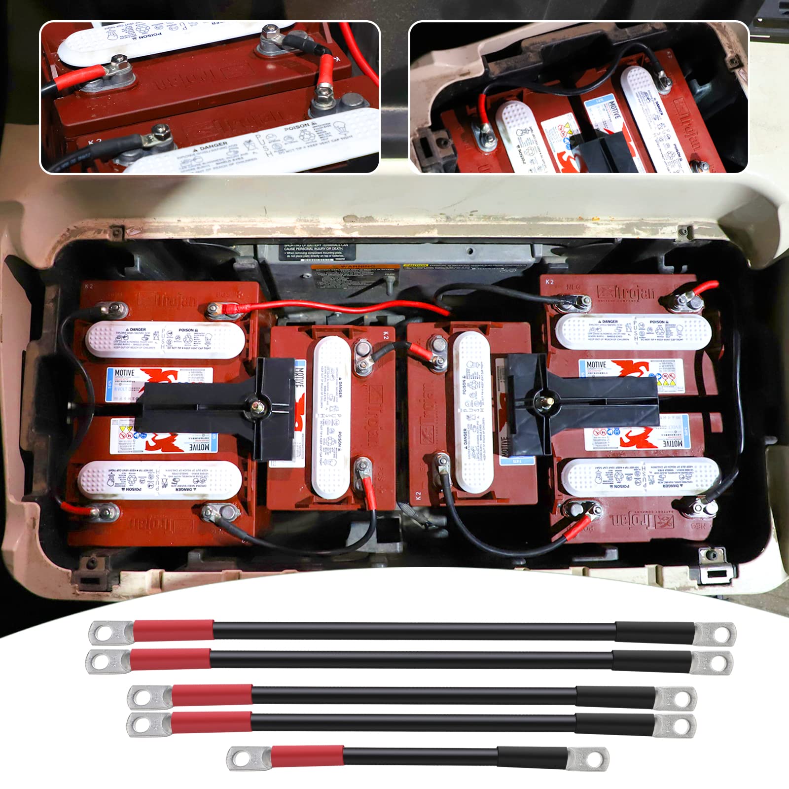 Roykaw Golf Cart Battery Cables for Club Car Precedent 2008-Up 48 Volt Models, Heavy-Duty Pure Copper Tin-Coated Cable Lugs, Superior Corrosion and Oxidation Resistance, 4 Gauge/5 Pieces Set