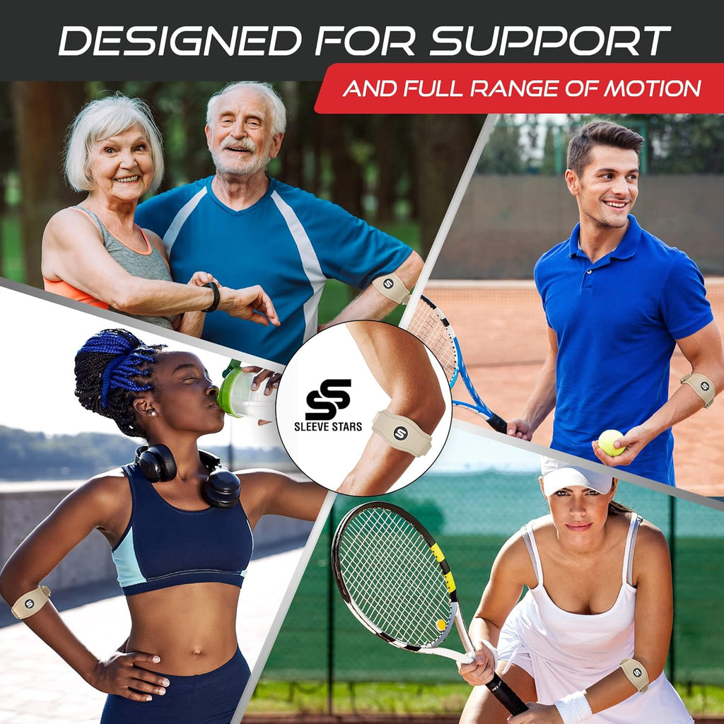 Sleeve Stars Tennis Elbow Brace - Adjustable Support for Tendonitis Relief | Fits 9"-23" (Beige)