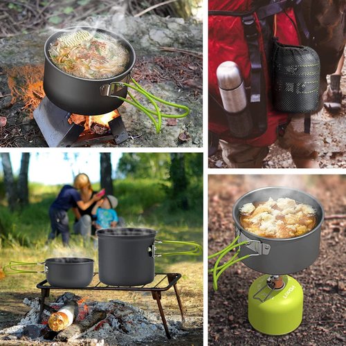 Camping Cookware Mess Kit Backpacking Pot Gear Camping Cooking Pots and Pans Set Camp Kitchen Equipment Accessories Green 4.88 x 6.57 inch