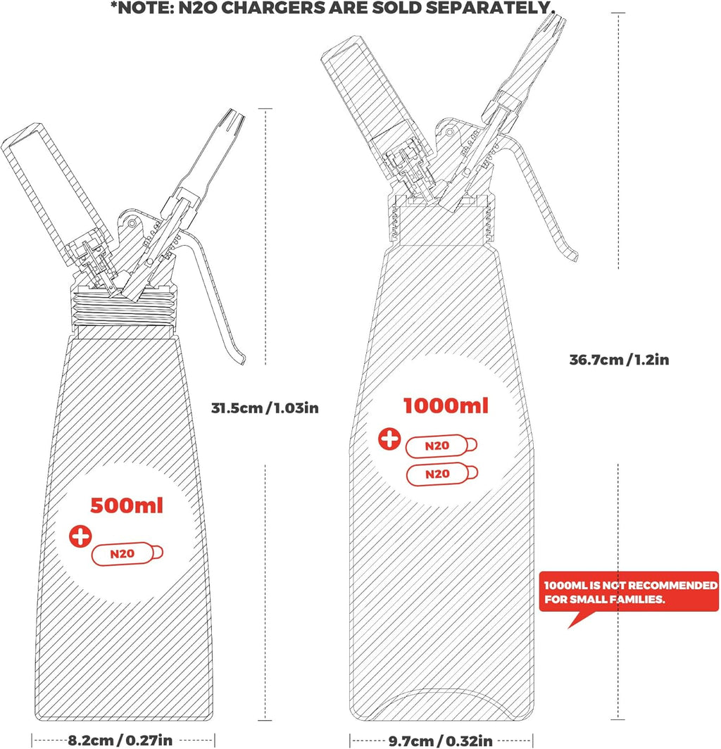 Skiennix Professional Aluminum Whipped Cream Dispenser - Leak-Free 500 mL Canister with 8 Nozzles & Brush | Silver
