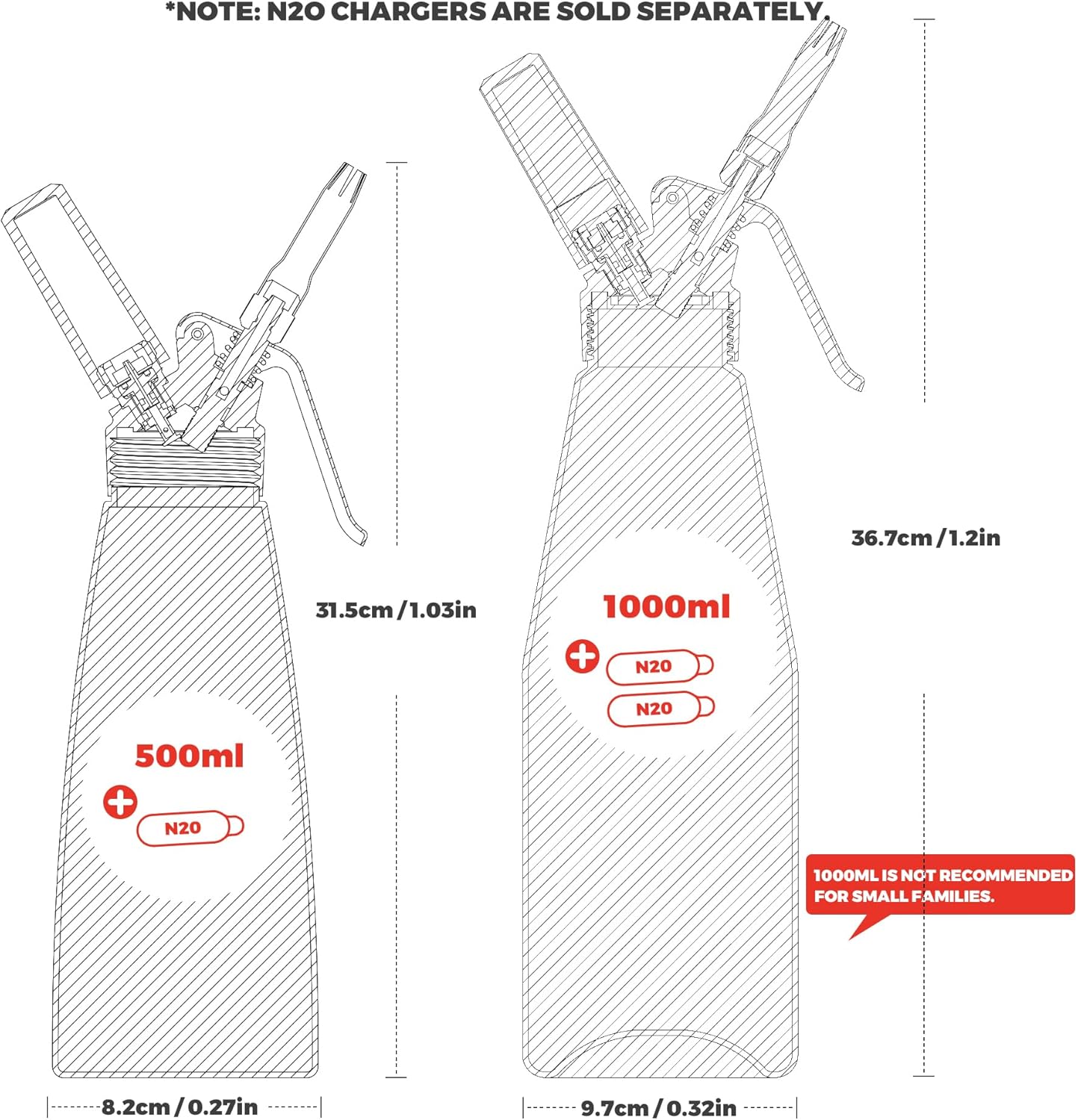 Skiennix Professional Aluminum Whipped Cream Dispenser - Leak-Free 500 mL Canister with 8 Nozzles & Brush | Silver