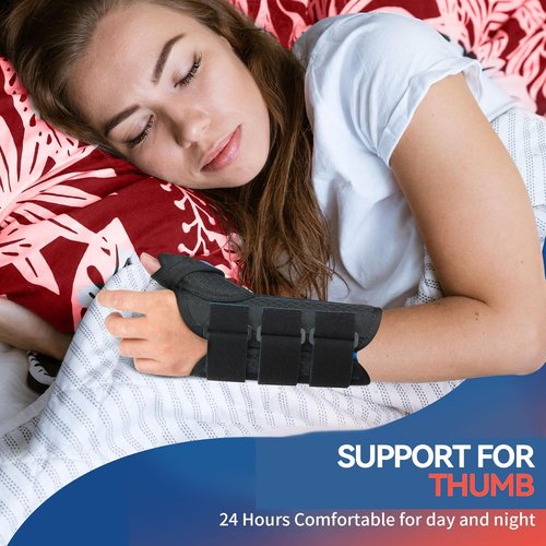 FEATOL Carpal Tunnel Wrist Brace - Night Support Thumb Spica Splint for De Quervains | Small/Medium, Black/Blue