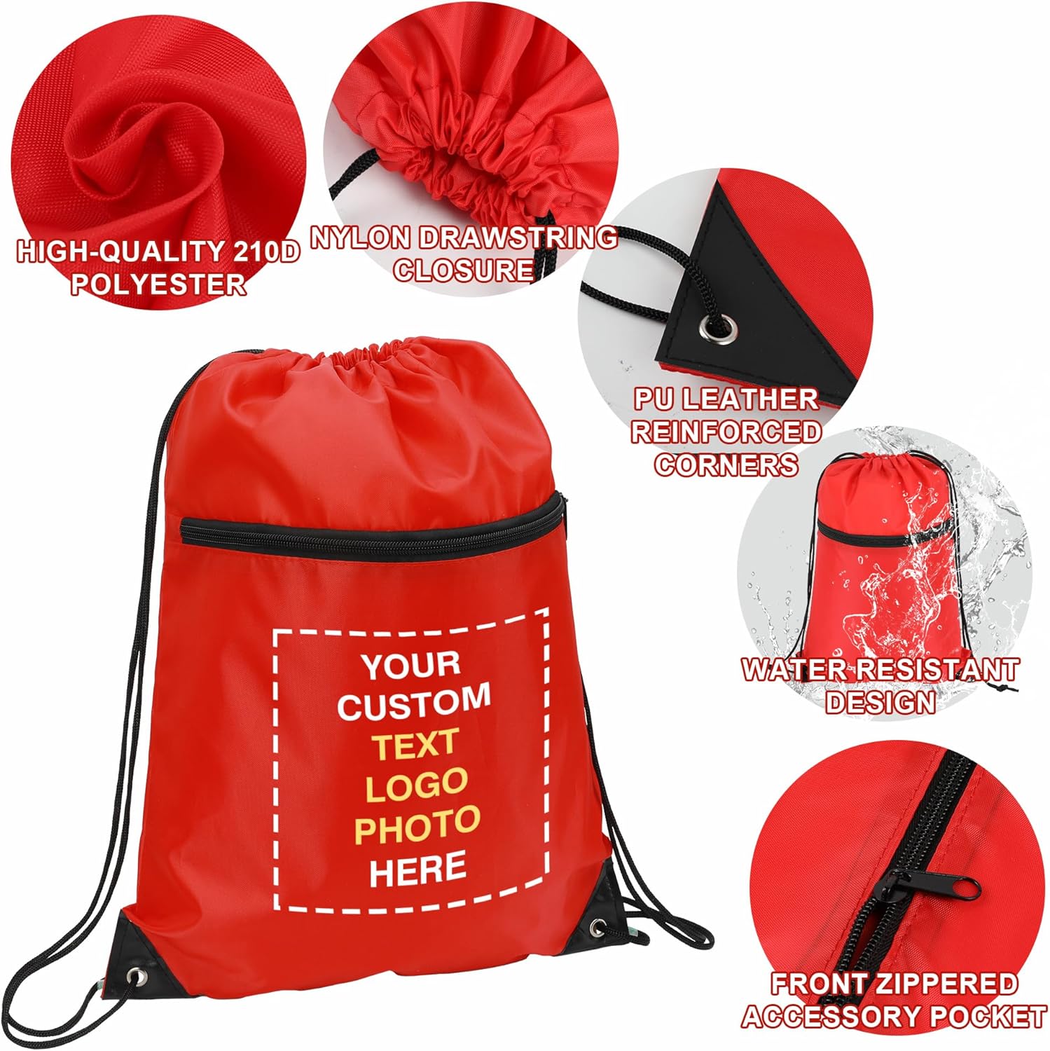 Skiennix Custom Drawstring Backpacks - Personalized Cinch Tote Bags with Zipper Pocket | 100/200 Pack