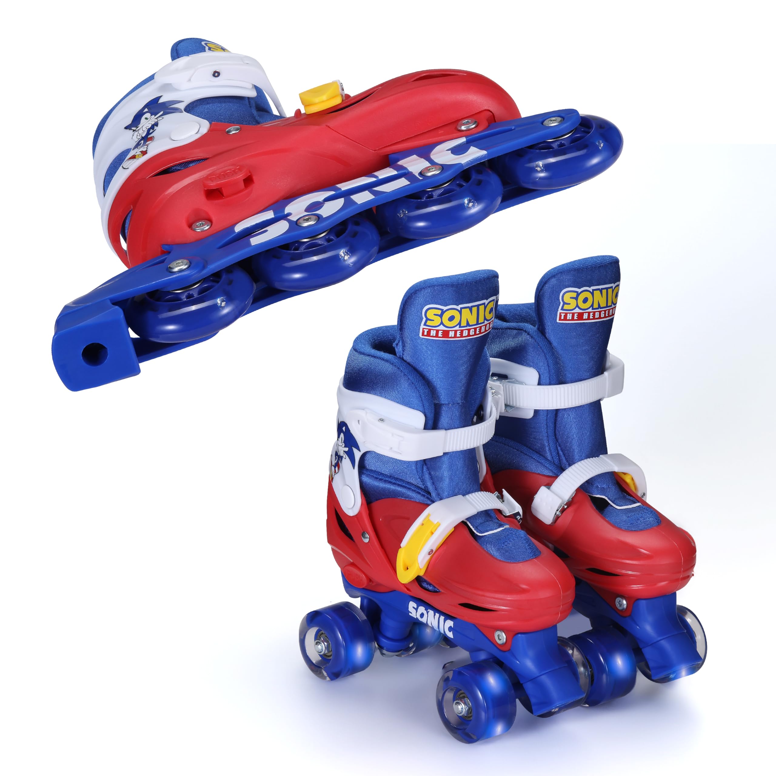 Sonic 2in1 Kids Roller Skates, Transform from Quads to Inlines Skates, Durable Hardshell Boot, LED Wheels for Quads and Inlines, ABEC-7 Carbon Steel Bearings (Size 12-2)