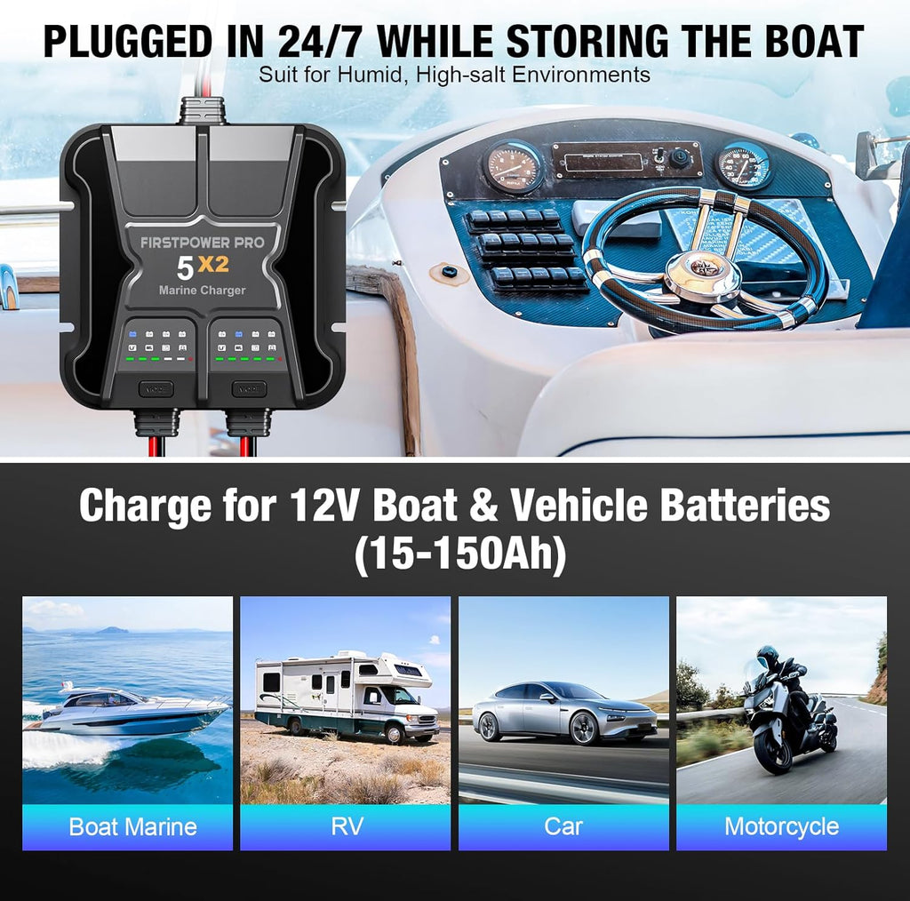 2 Bank Marine Battery Charger - 10A Waterproof Onboard Battery Maintainer & Desulfator for SLA/AGM, Lithium, Calcium & Deep-Cycle Batteries