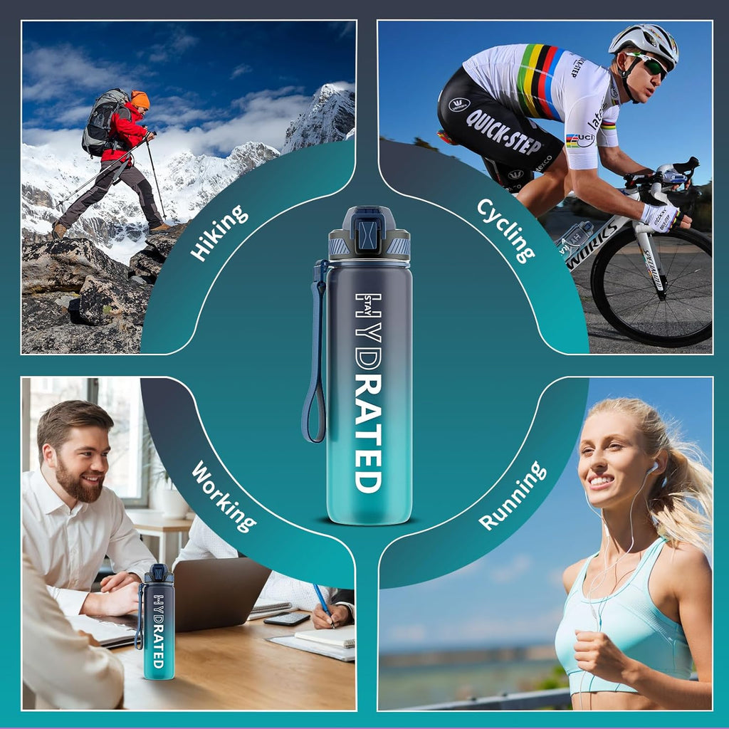 QLUR 32oz Motivational Water Bottle - BPA-Free Tritan with Time Marker & Carry Strap for Fitness | Leakproof