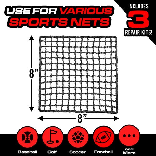 GoSports Universal Sports Net Repair Kits for Golf, Baseball, Soccer, and More - 8 x 8 Inch Sports Netting Patch Kits