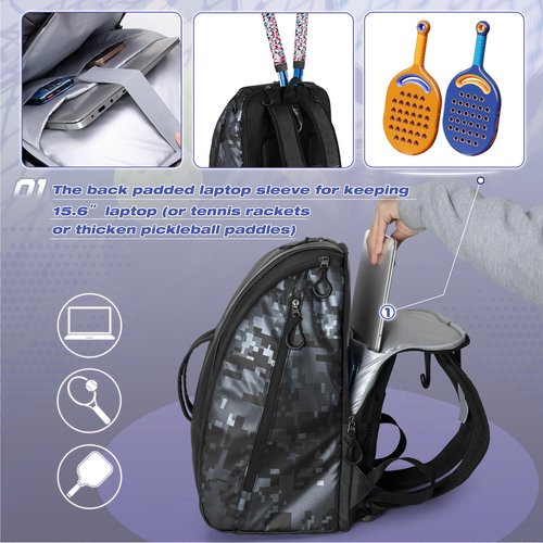 Smasrob Pickleball Bag Fits 2-4 Paddles, Pickleball Backpack with Laptop Pocket, Shoe Compartment and Fence Hook, Black