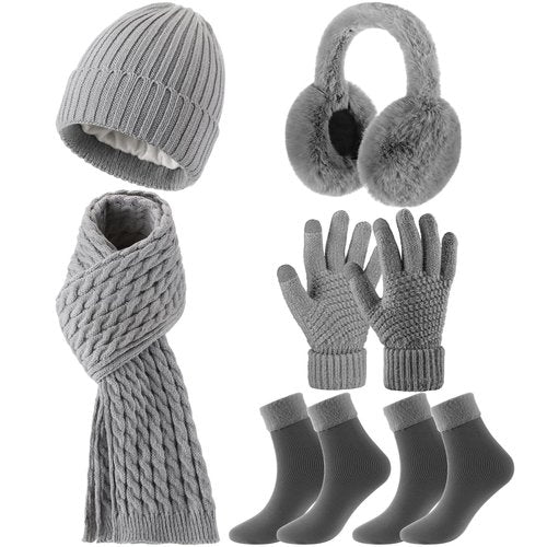 Geyoga 6 Pcs Winter Warm Set for Women Warm Beanies Hats Touchscreen Gloves Long Scarf Ear Muffs Socks Winter Gifts for Women(Gray,Minimalist)