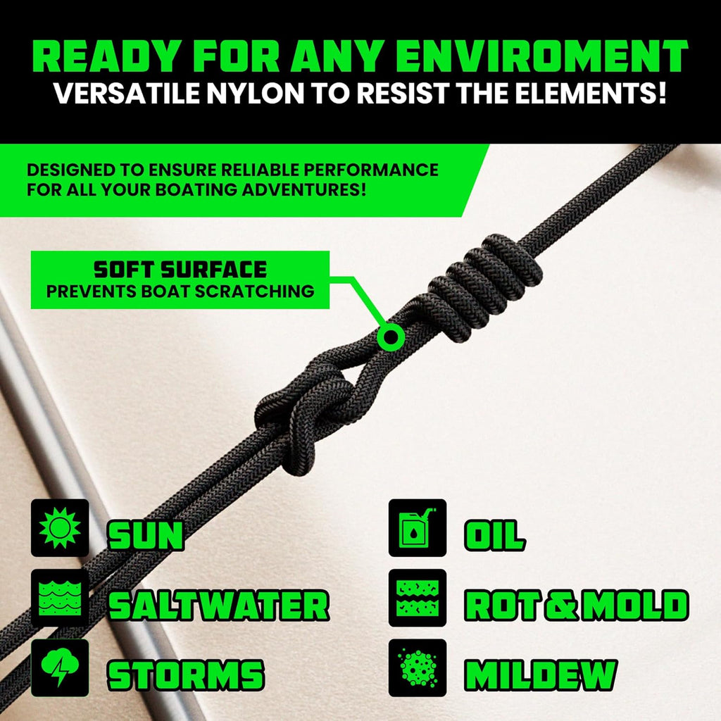 Rhino USA Dock Lines - Heavy Duty 1/2" x 16' Marine Grade Rope for Boats, Kayaks & Pontoons - Black