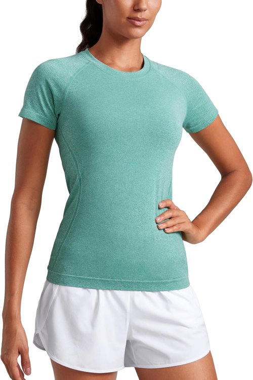 CRZ YOGA Seamless Workout Tops for Women - Breathable Short Sleeve Athletic Tees | Hip Length Gym Shirts