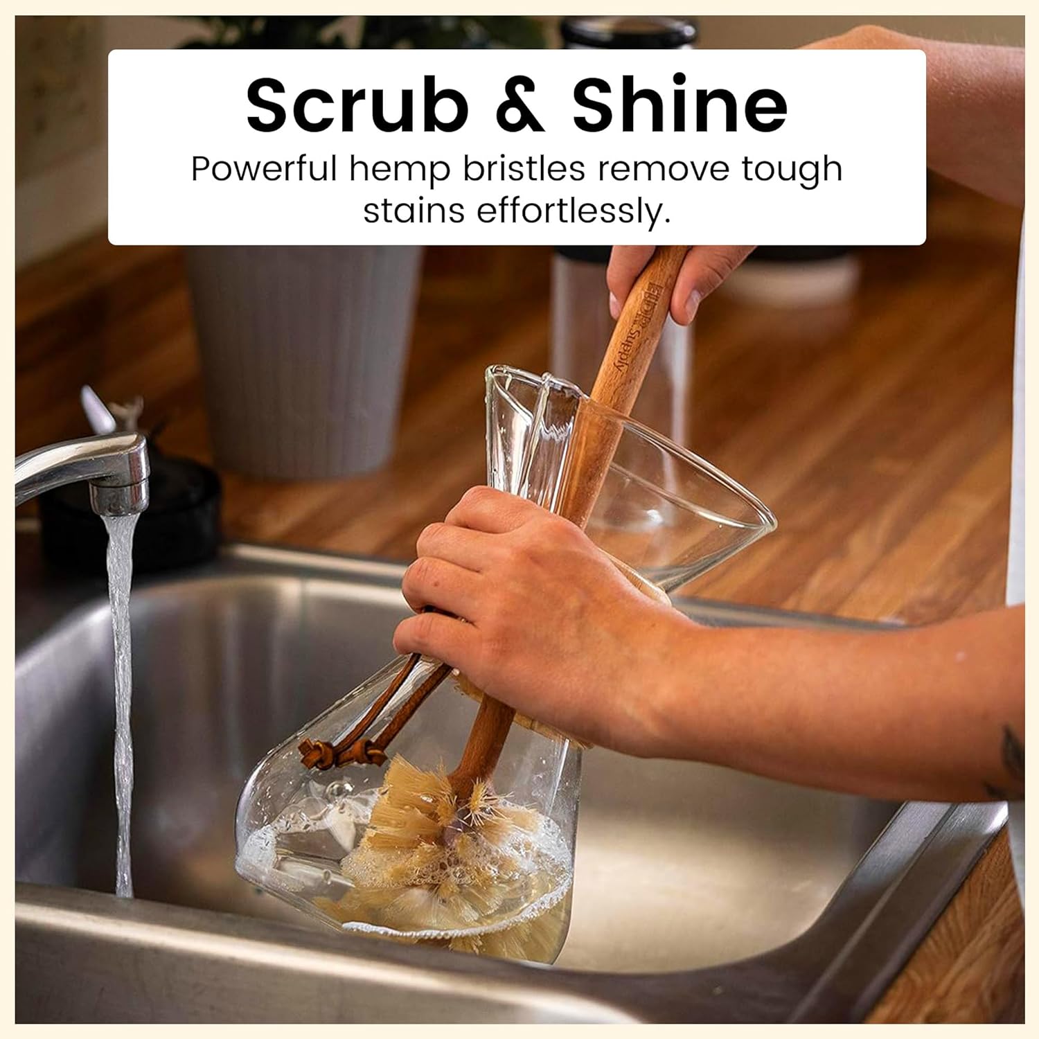 Skiennix Bottle Brush - 14-Inch Extra Long Beechwood Handle with Strong Hemp Bristles | Eco-Friendly Cleaning Tool for Wide Mouth Jars and Tumblers
