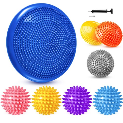Meooeck 8pcs Hedgehog Balance Pods with Hand Pump Including 1 Balanced Pad, 3 Balance Pods, 4 Spiky Massage Balls for Body Balancing, Sensory Play for Kid Adult Dog Exercise Stability(Vivid Colors)
