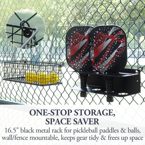 MyGift 16.5 Inch Black Metal Pickleball Paddle Rack and Ball Storage, Wall Mounted or Fence Hanging Equipment Organizer with Racket Holder and Basket for Balls