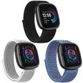 3 Pack Nylon Sport Band, Compatible with Fitbit Sense 2 bands / Fitbit Sense bands /Fitbit versa 4 bands /Fitbit Versa 3 bands Adjustable Sport Solo Loop Replacement Wristband Straps for Women Men (Black+Cape Blue+Seashells)