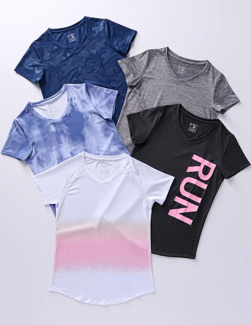 5 Pack: Women's Dry Fit Short Sleeve T Shirts, Athletic Workout Tee Tops for Gym Yoga Running (Set 13, Large)