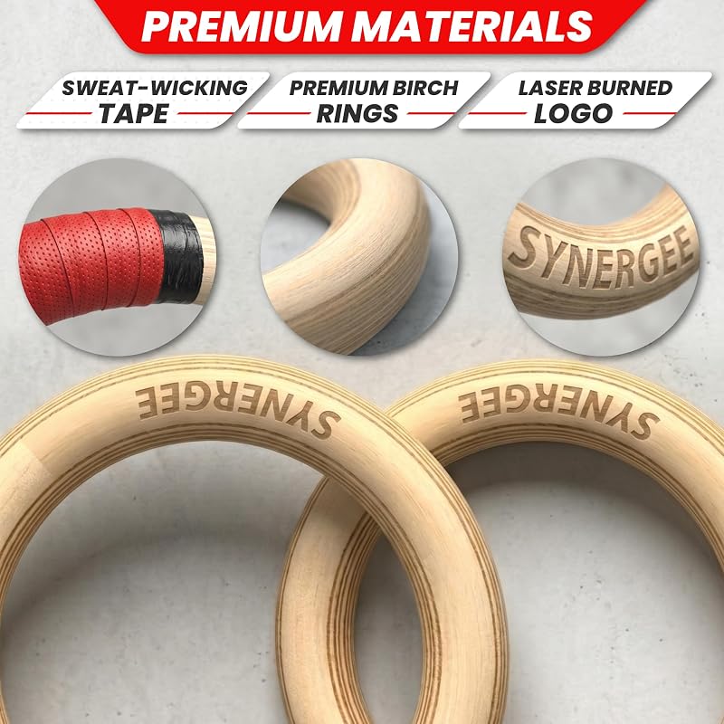 Wooden Gymnastic Rings 1.25" Set with Numbered Straps & Carabiners for Pull Ups, Dips, Muscle Ups