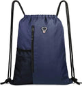 BeeGreen Navy Sports Gym Bag - Large Drawstring Backpack with Zipper Pocket & Mesh Water Bottle Holders