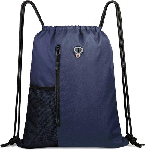 BeeGreen Navy Sports Gym Bag - Large Drawstring Backpack with Zipper Pocket & Mesh Water Bottle Holders