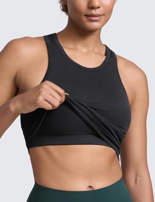 CRZ YOGA Seamless Ribbed High Neck Tank Top - Sleeveless Crop Yoga Shirt with Built-In Bra