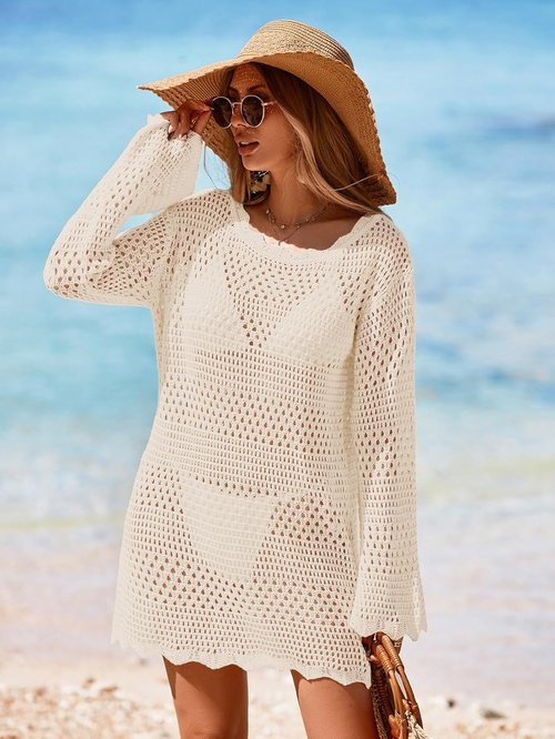 BreathSunny Women's Crochet Swimsuit Cover-Up - Long Sleeve Mesh Knit Mini Dress