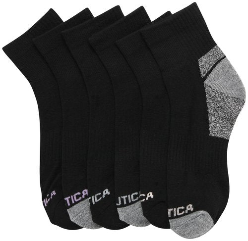Nautica Womens Quarter Socks - 6 Pack Cushioned Moisture Wicking Athletic Socks for Women for Gym, Running, Sports (4-10), Size 4-10, All Black