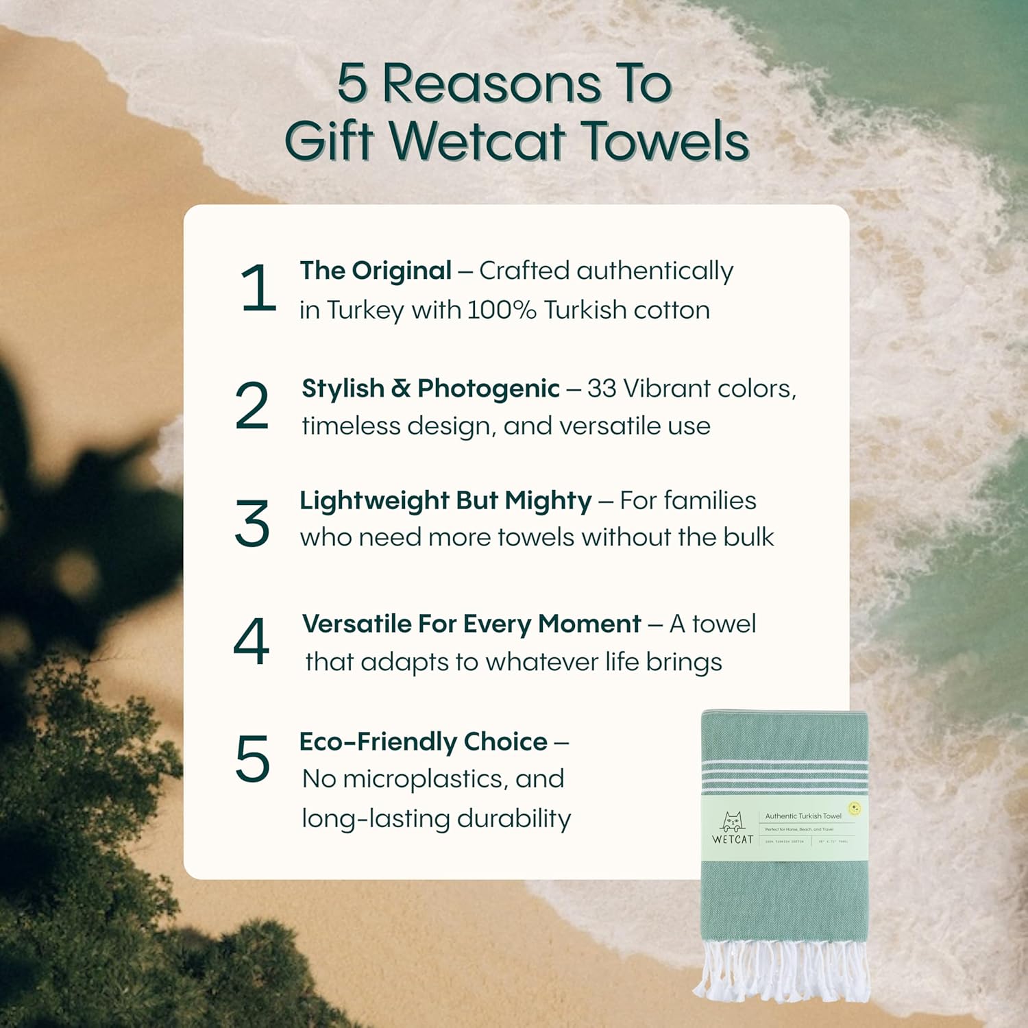 WETCAT Oversized Turkish Beach Towel - 100% Cotton, Sand-Free, Quick-Drying, Aqua (38"x71")