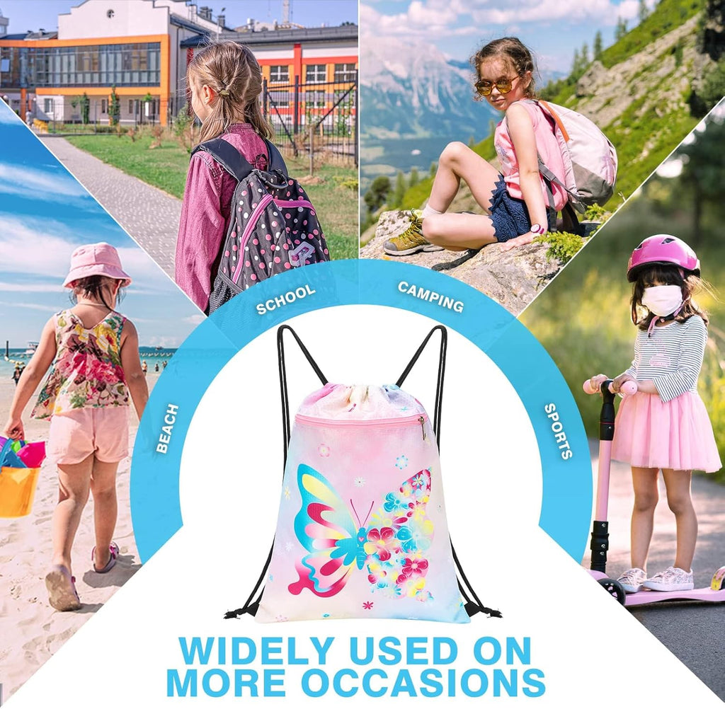 WAWSAM Butterfly Drawstring Backpack for Kids - Waterproof Sports Gym Bag | 13" x 18" Perfect for Beach & Travel