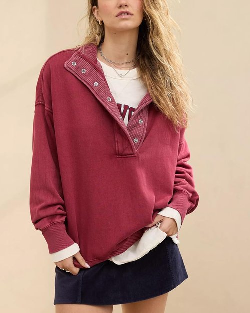 Gacaky Oversized Sweatshirt for Women - Casual Long Sleeve Button Henley Neck Top in Stylish Design
