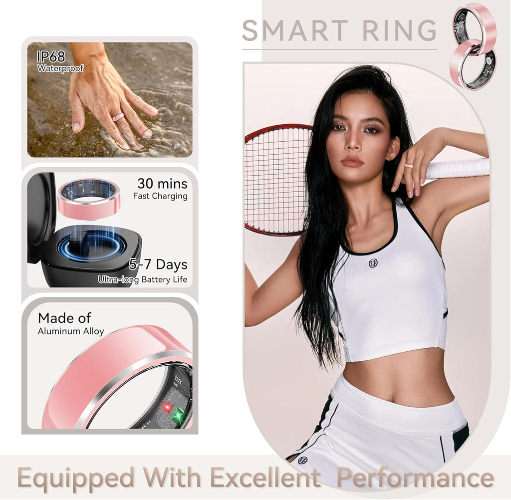 Skiennix Smart Ring - Fitness & Activity Tracker with Heart Rate Monitor | IP68 Waterproof, Pink Size 8