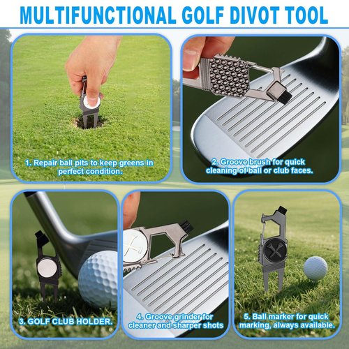 Fukaisu 2pcs 7-in-1 Golf Divot Repair Tool and Ball Marker, Multifunctional Divot Tool Fixer with Brush & Thin Tines Groove Cleaner Golf Accessories for Men Golfers Gifts