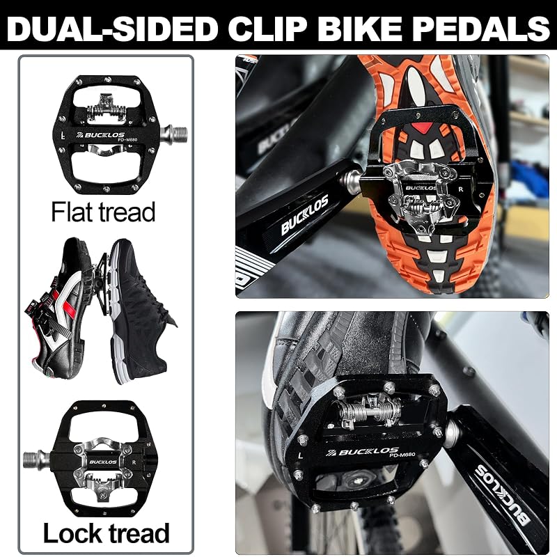 Bucklos Mountain Bike Clipless Pedals with Flats - Black