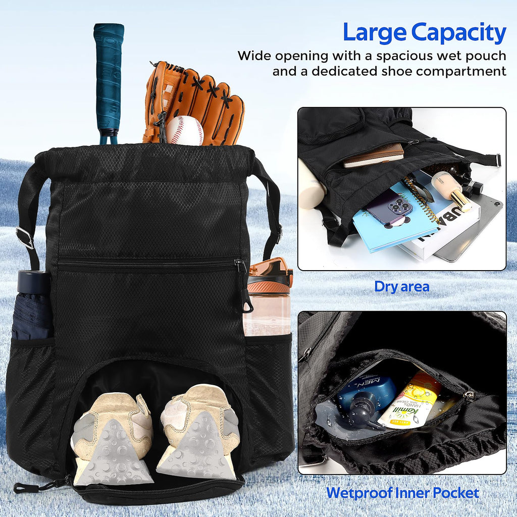 Sports Drawstring Backpack Gym Sack with Shoe Compartment, Durable Oxford Fabric, Wet-Proof Pocket, Water-Resistant Cinch Bag for Men & Women, Foldable & Spacious Athletic Sackpack for Travel Fitness