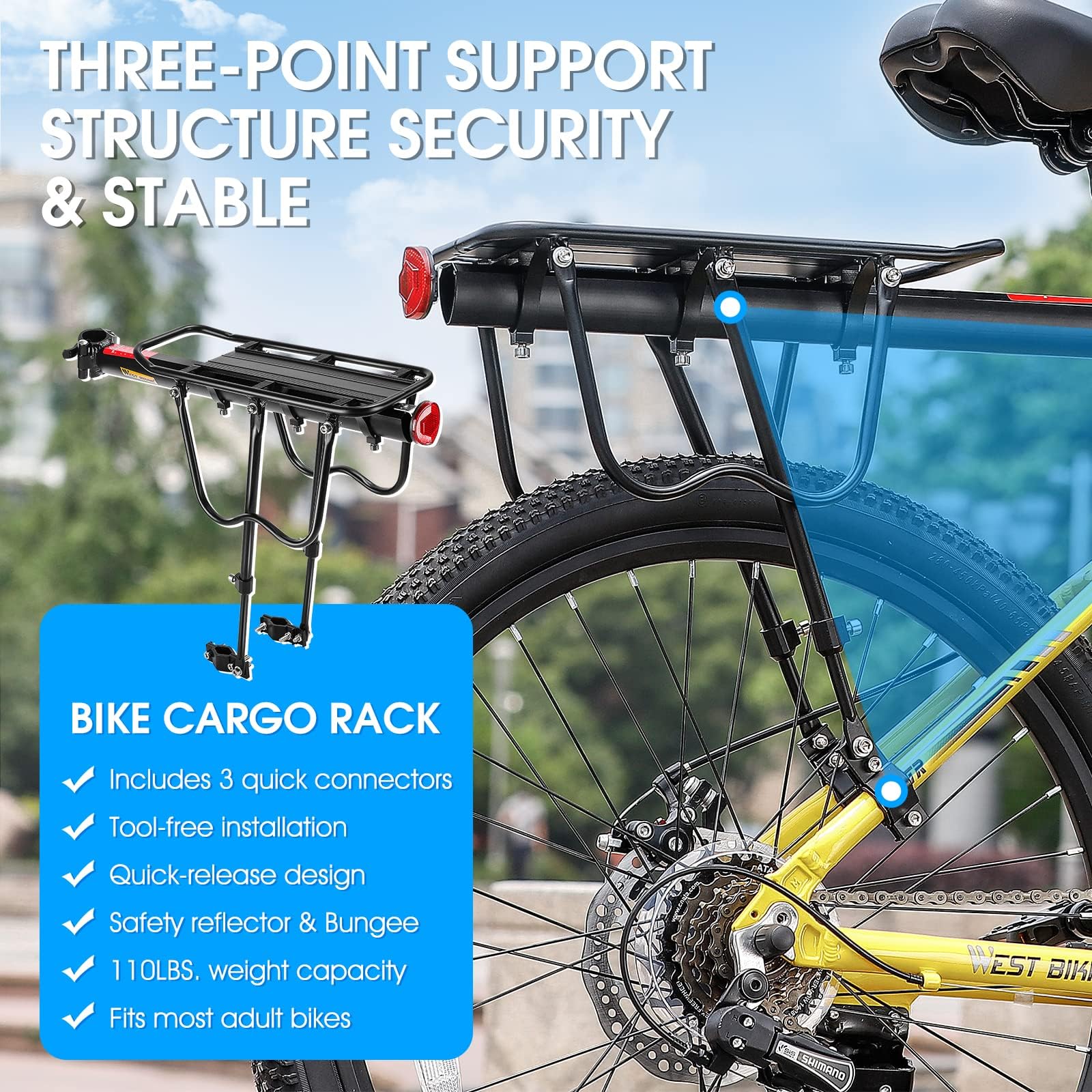 West Biking 110Lb Capacity Almost Universal Adjustable Bike Cargo Rack Cycling Equipment Stand Footstock Bicycle Luggage Carrier Racks with Reflective Logo