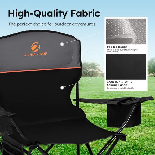 ALPHA CAMP Heavy Duty Camping Chair - 350LBS Capacity, Portable with Cooler Bag & Cup Holder | Black, 2PC Set