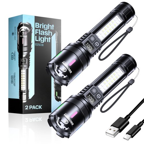 Esgreen LED Rechargeable Flashlights High Lumens 20000 2 Pack, Single Click Bright Flashlight Long Lasting 12H, Compact Handheld Flash Light USB C, White & Red Light, for Hiking Camping Gift