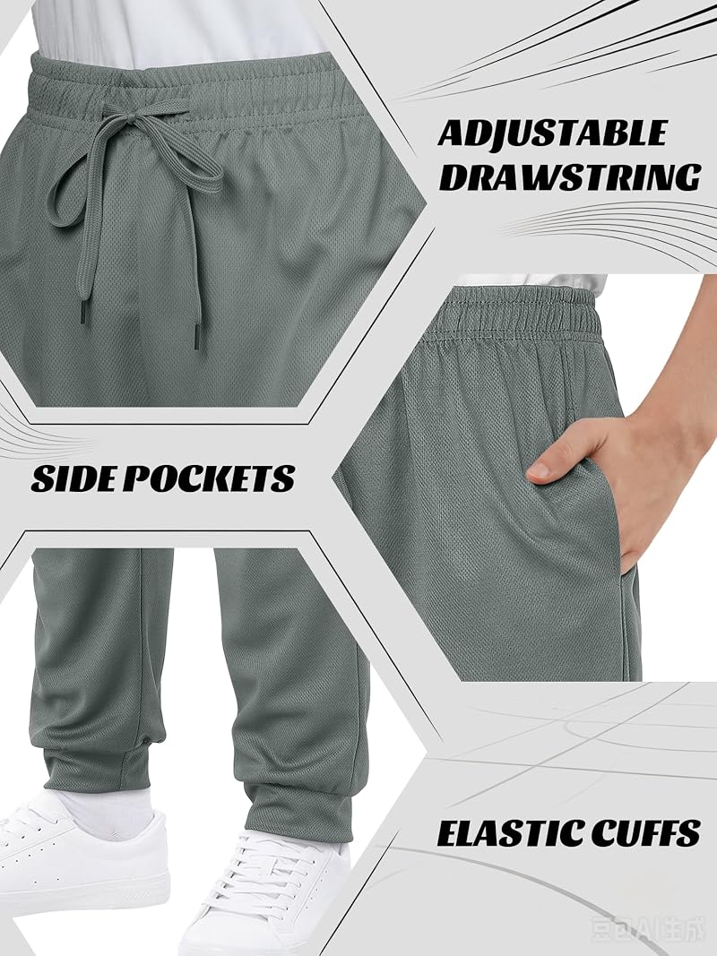 Resinta 4-Pack Boys Mesh Athletic Joggers with Pockets – Lightweight Kids Sweatpants (Black, Dark Grey, Navy, Light Grey)