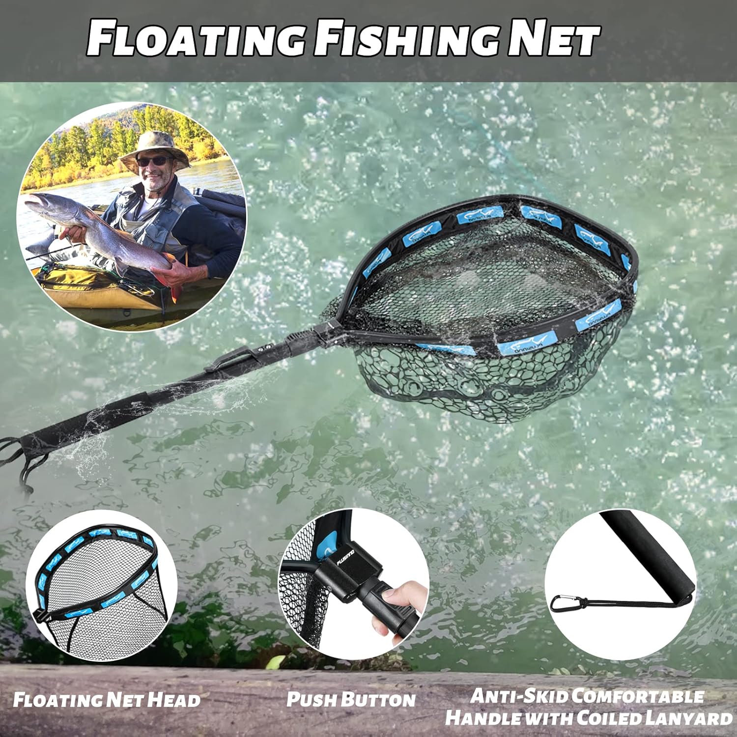 PLUSINNO Fishing Net - Foldable Telescopic Handle with Nylon Mesh for Bass & Trout Fishing | Ideal for Pond, Lake, River