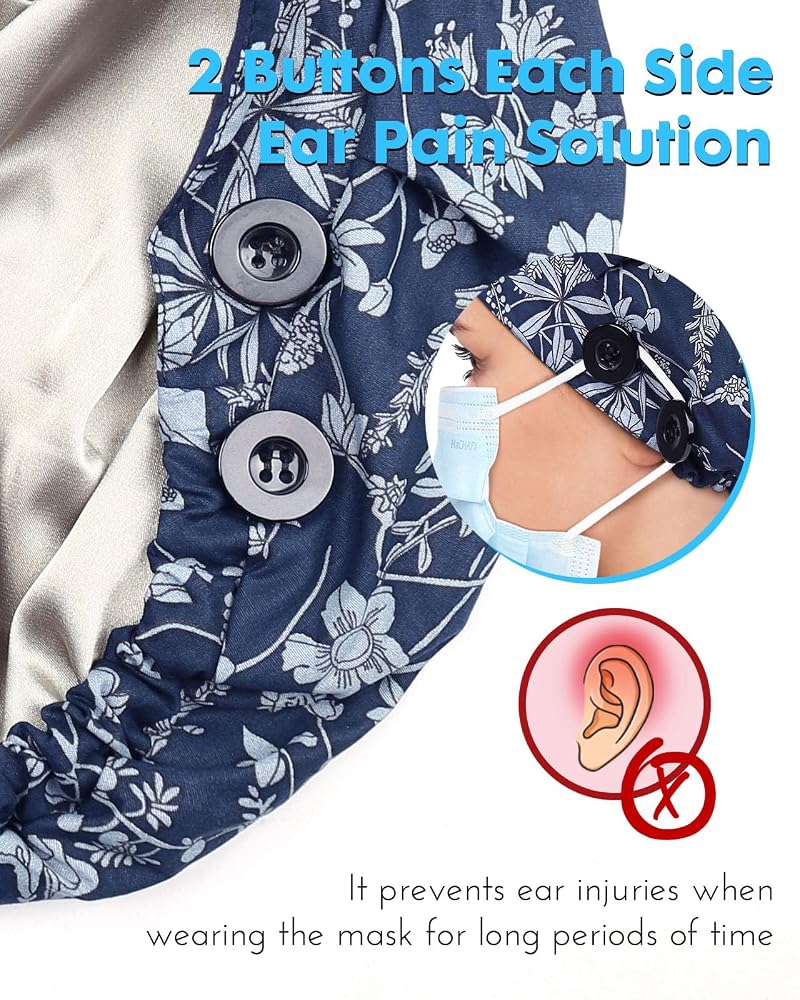 Satin Lined Bouffant Scrub Cap with 4 Buttons and Adjustable Back - Nurses Hair Cap (Natural Blue)