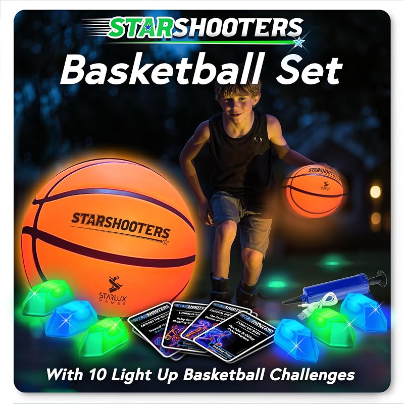 Light Up Basketball Set with Glow-in-the-Dark Markers – Rechargeable 29.5" Size 7 Ball + 6 Markers + 10 Game Modes
