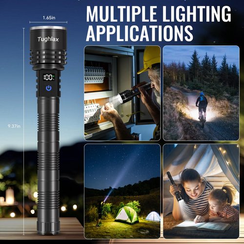 Tughlax Rechargeable Flashlights High Lumens, 90,000 Lumens Super Bright LED Flashlight Tactical Flashlight with LCD Digital Display, 5 Modes Zoomable Waterproof Powerful Handheld Flashlight for Home