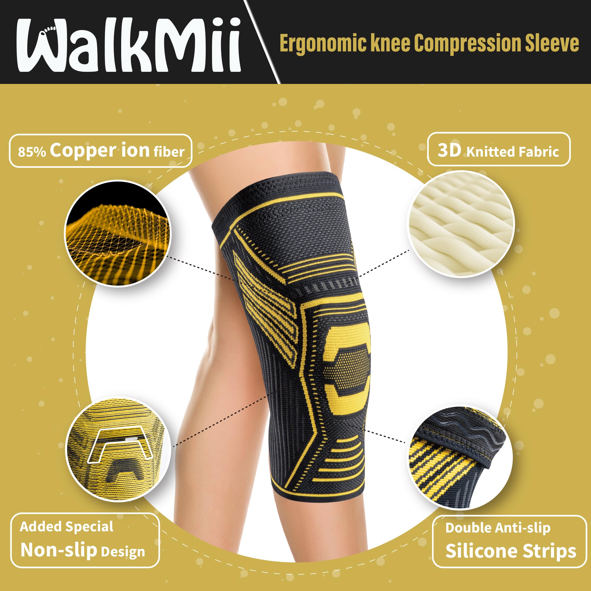 WalkMii Copper Knee Braces for Women and Men 2 Pack, Compression Sleeve for Knee Pain, Arthritis, Sports Recovery, Meniscus Tear, Joint Pain Relief-M