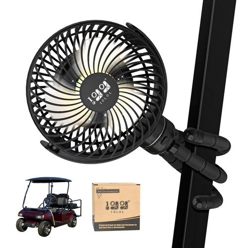 10L0L Golf Cart Fan - Universal Mount, 8000mAh Battery, 3-Speed Fan, LED Light, 56-Hour Runtime, Reverse Charging Function for Yamaha EZGO Club Car Golf Cart, Black