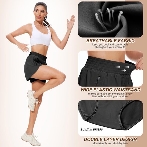 BALENNZ Women's 5 Pack Athletic Workout Shorts with Zipper Pockets Activewear Elastic Waist Gym Running Shorts,X-Large