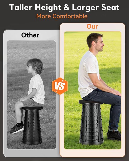 Portable Heavy Duty Collapsible Stool - Wide Seat, Extra Tall & Height Adjustable Stool - Retractable Folding Chair for Camping, Fishing, Hunting & Outdoor