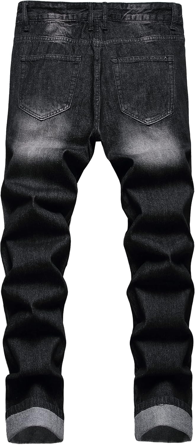 Skiennix Men’s Ripped Jeans - Slim Fit Straight Leg Denim Pants with Distressed Holes