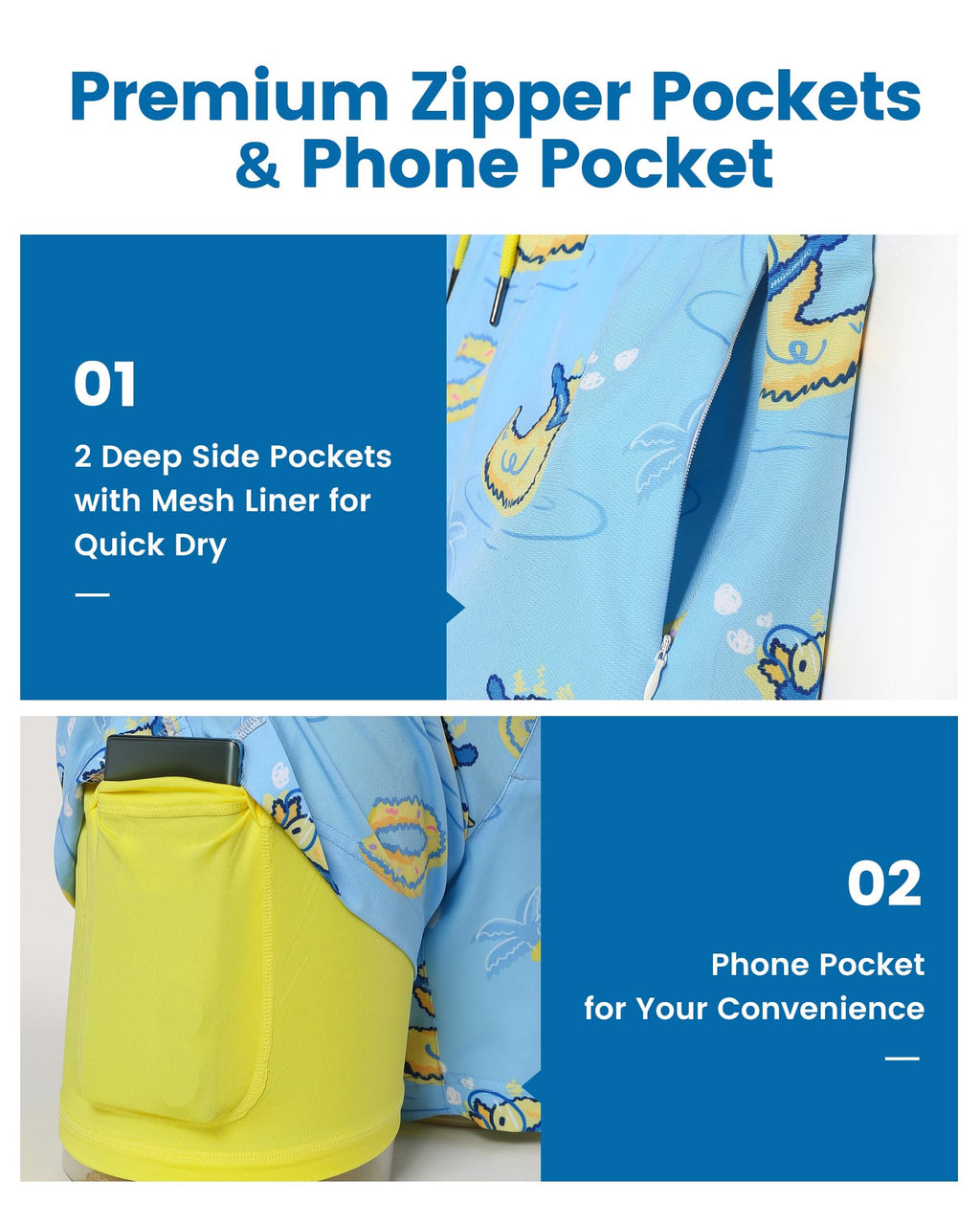 maamgic Mens Swim Trunks with Compression Liner 5 Inch, Quick Dry Bathing Suit with Zipper Pockets, Stretch No-Chafing Swim Shorts, Blue-Swimming Duck XX-Large